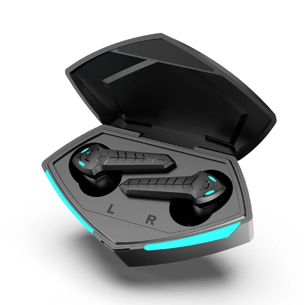 X15 black wireless in-ear gaming headphones with charging case on a grey background