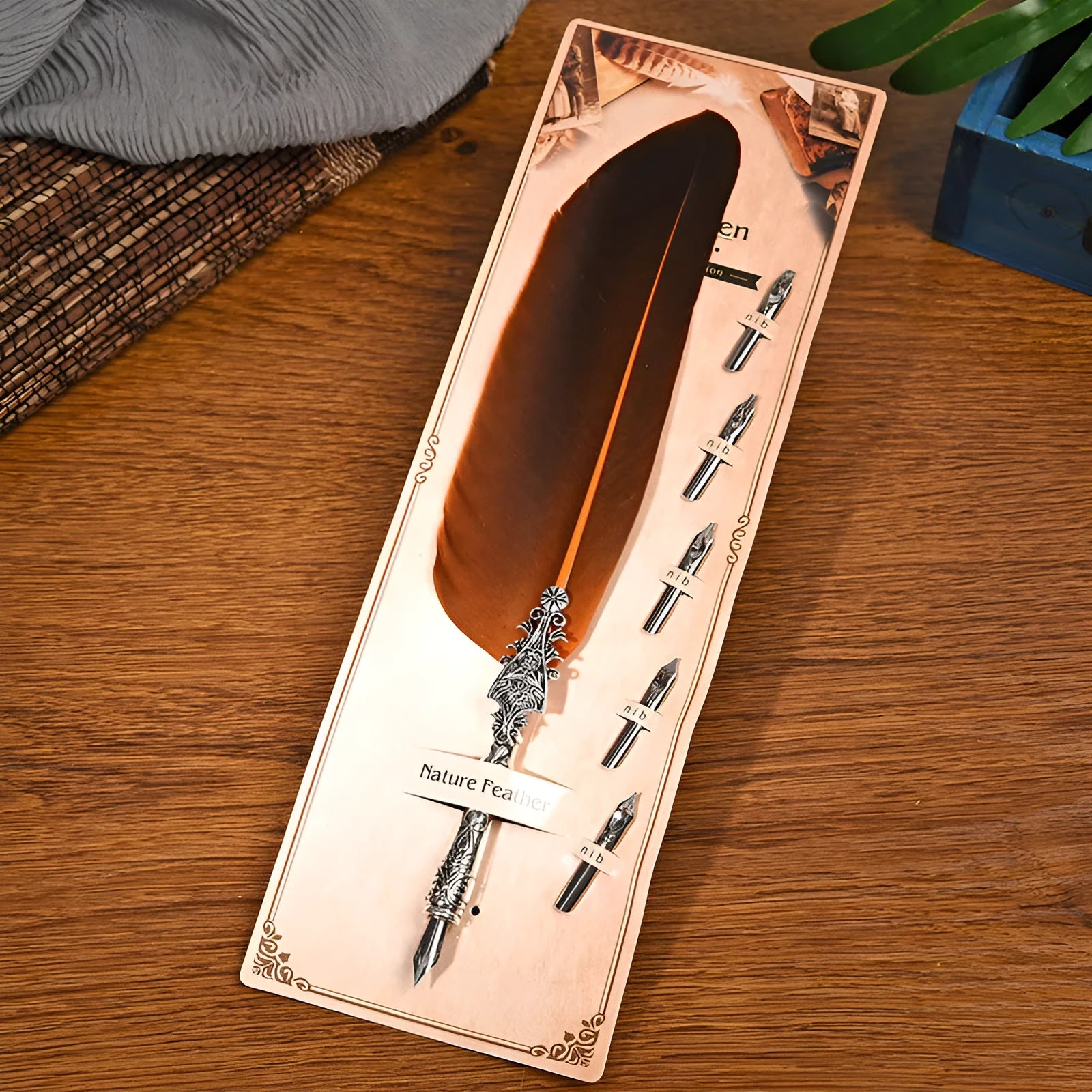 Vintage feather dip pen in 10 colours with zinc alloy construction and 30cm length