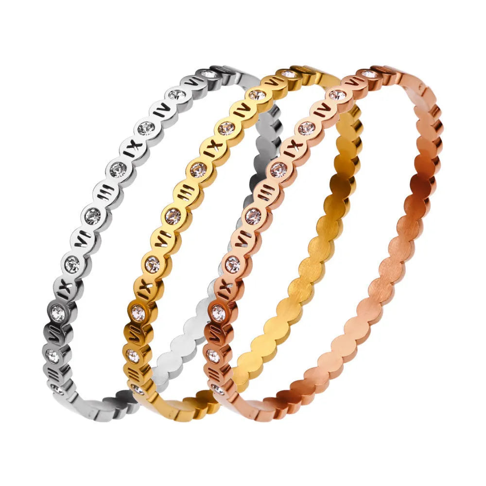 Korean style titanium steel bracelet with number elements in gold, rose gold or steel colour