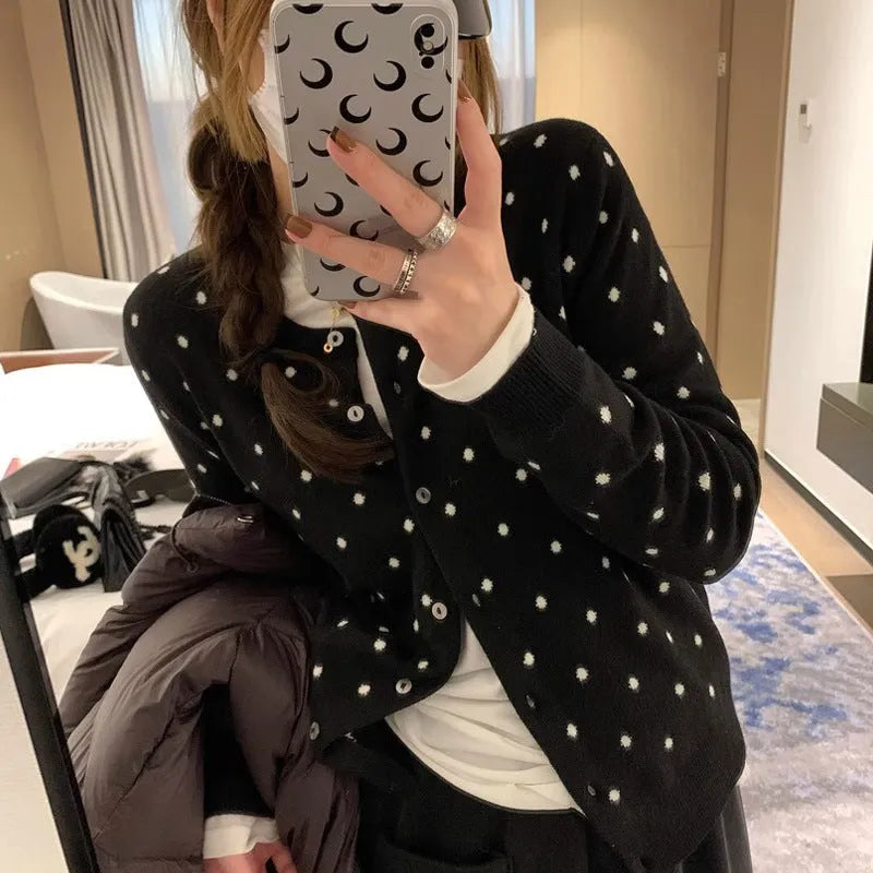 Women's Korean-style gray dot knitted cardigan with crocheted flower detail in black or gray colour