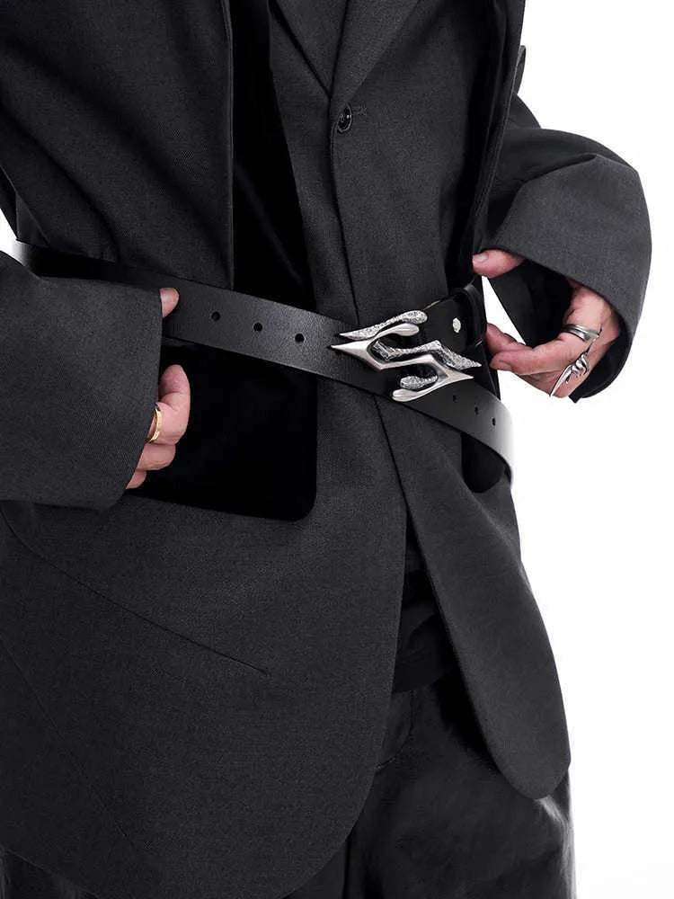 Black men's leather belt with a metal letter detail, shown at its 110cm length.