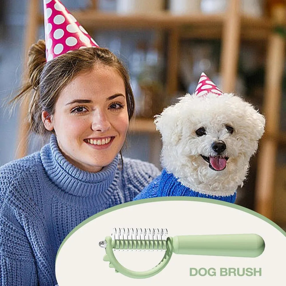 Blue dinosaur-shaped cat brush with self-cleaning button and stainless steel pins