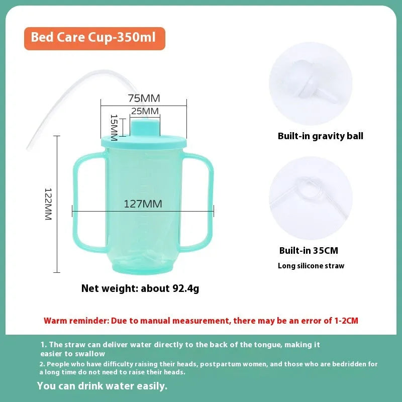White PP plastic bedside drinking cup with slanted choke-proof spout, handle, and a blue lid