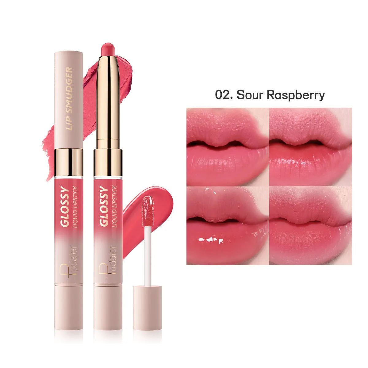 Double-headed lipstick and lip gloss product showing matte colour and gloss components