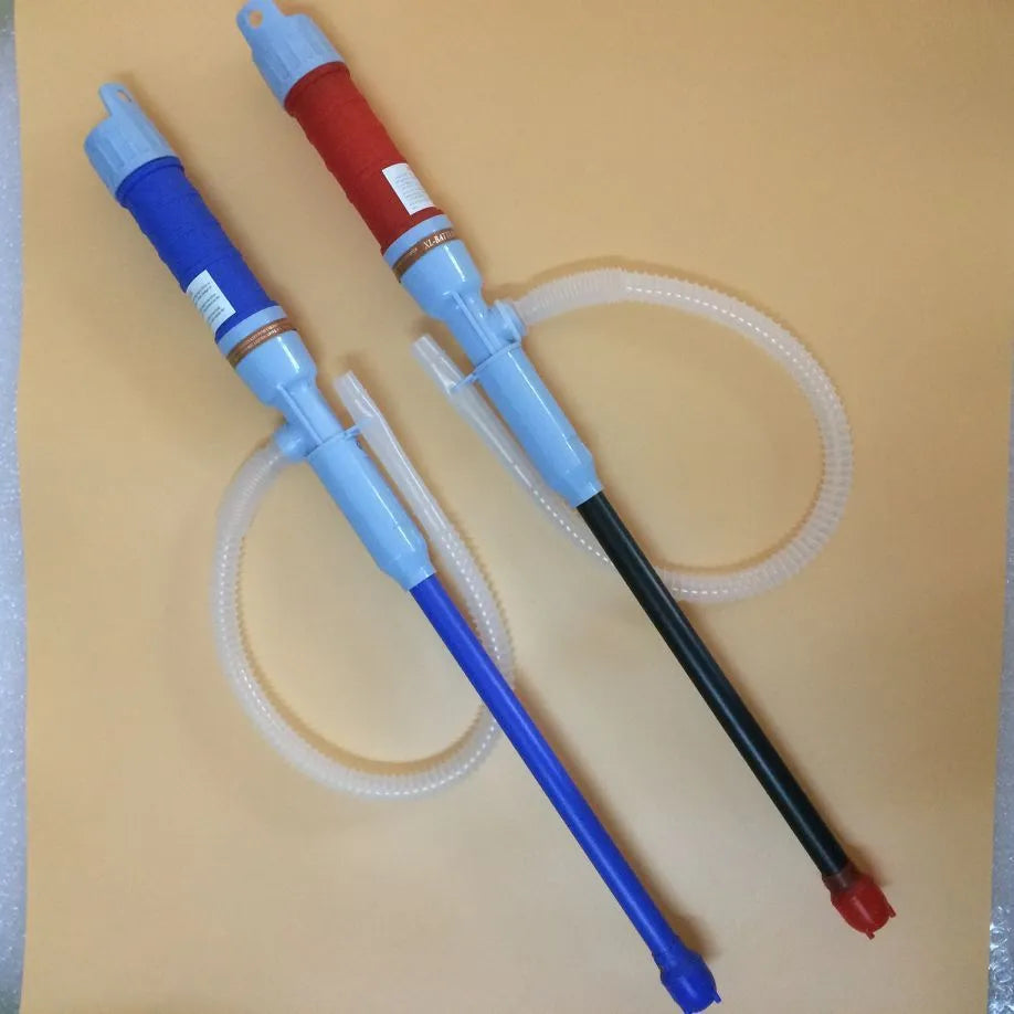 Manual hand siphon pump for fuel and liquid transfer in red or blue colour.