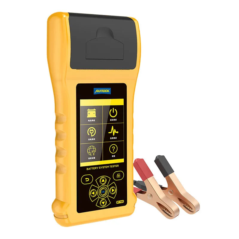 Autool BT760 colour screen vehicle battery tester with red and black clips and built-in thermal printer.