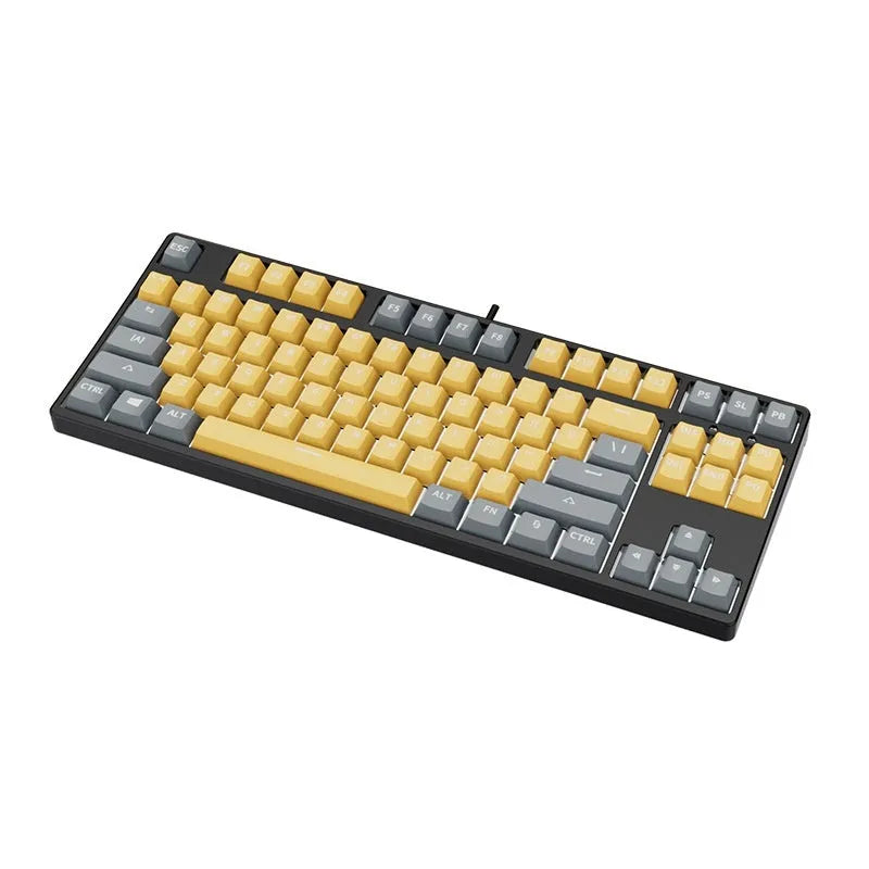 87 key wired mechanical keyboard with metal chassis shown in a black, orange, and yellow colour configuration.