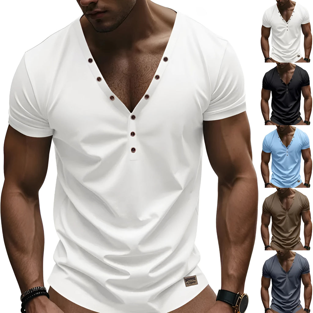 Men's loose V-neck casual shirt with button detail in chemical fibre blend fabric