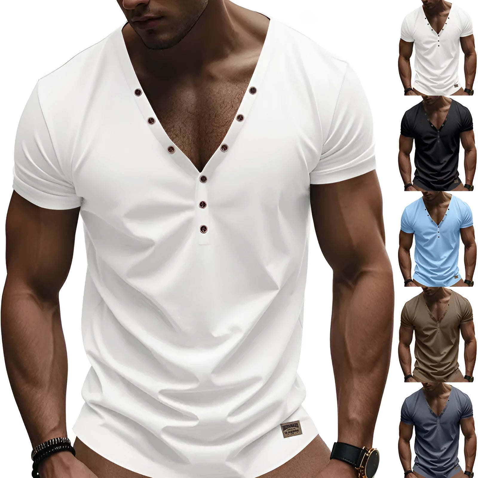 Men's loose V-neck casual shirt with button detail in chemical fibre blend fabric