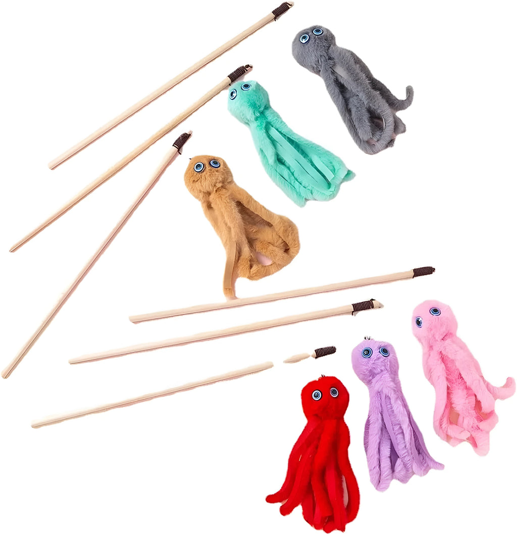 Octopus cat toy on long stick in grey pink purple red colours for indoor kittens
