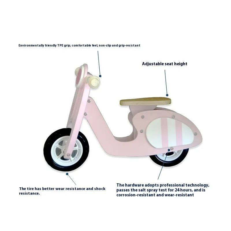 Pink wooden balance scooter for toddlers with 10-inch wheels