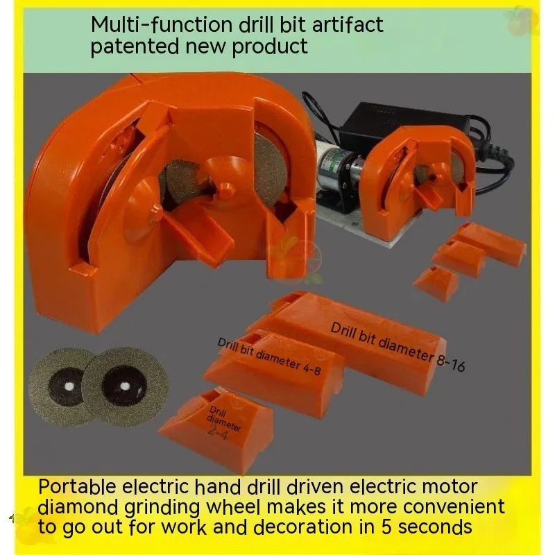 Portable grinding drill tool with orange and black irregular-shaped sander grinding wheels