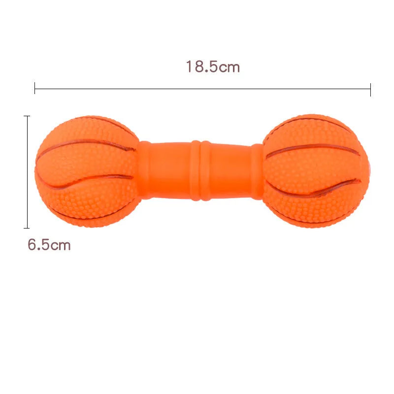 PVC football dumbbell shaped squeaky chew toy for dogs in brown, orange, white, or yellow