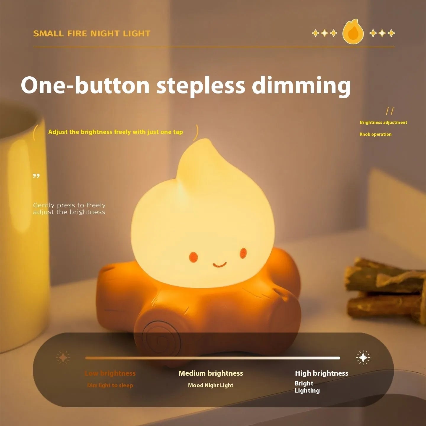 Silicone small fire pile cartoon night light on a surface, showing its yellow glow and compact size.
