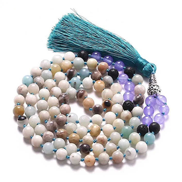 Geometric agate tassel necklace with colourful stone patterns and adjustable 95-100cm length