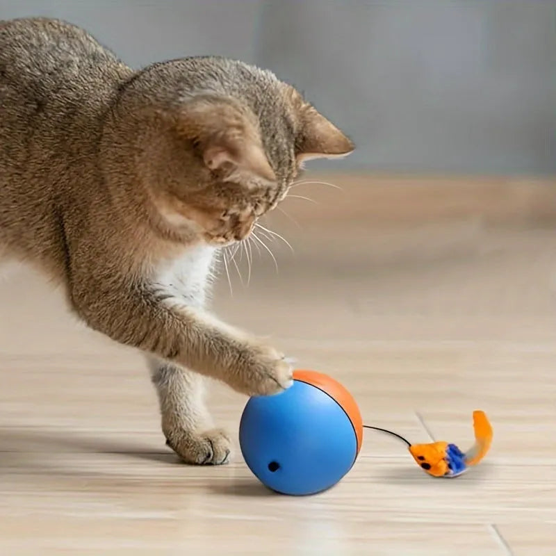 Blue and orange interactive cat toy ball with plush mouse attachment for feline exercise