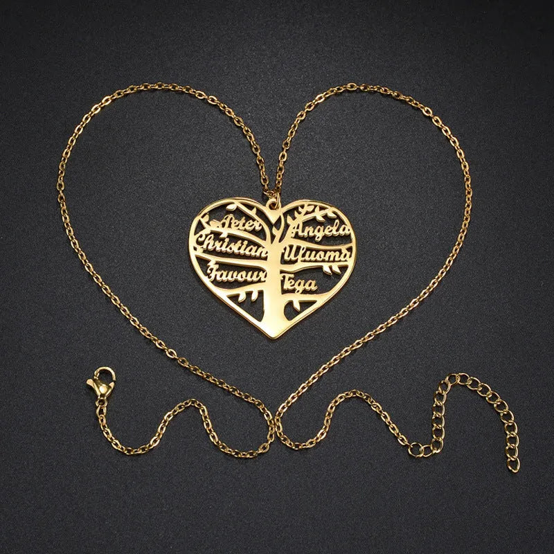 Custom engraved life tree and heart pendant necklace with 1-6 names in stainless steel.