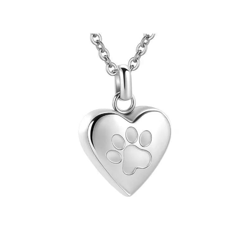 Openable heart-shaped paw print casket necklace in titanium steel on a chain.