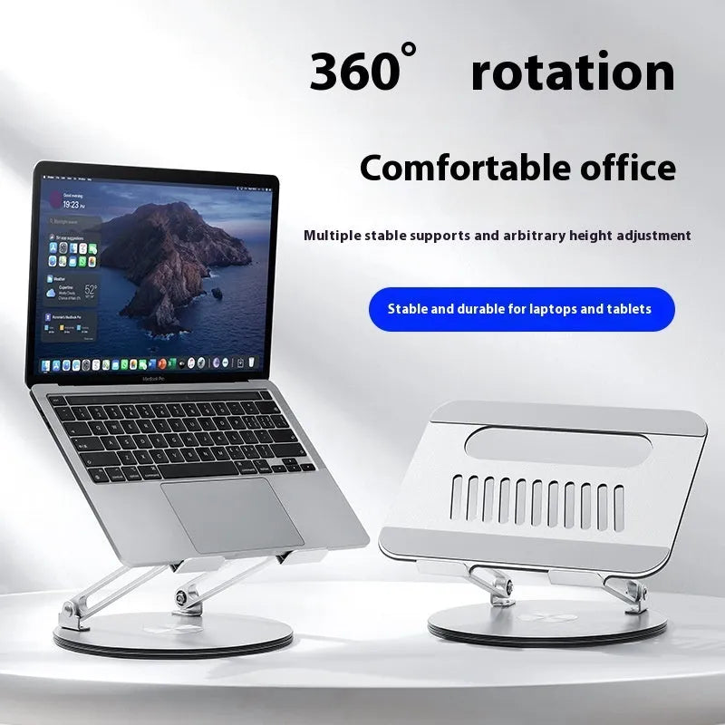 Silver aluminium laptop stand with height adjustment and rotatable foldable design