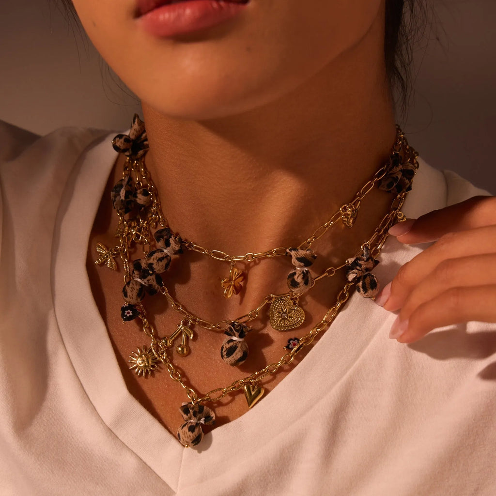 Women's stainless steel necklace with geometric leopard love heart flowers pendant on adjustable chain