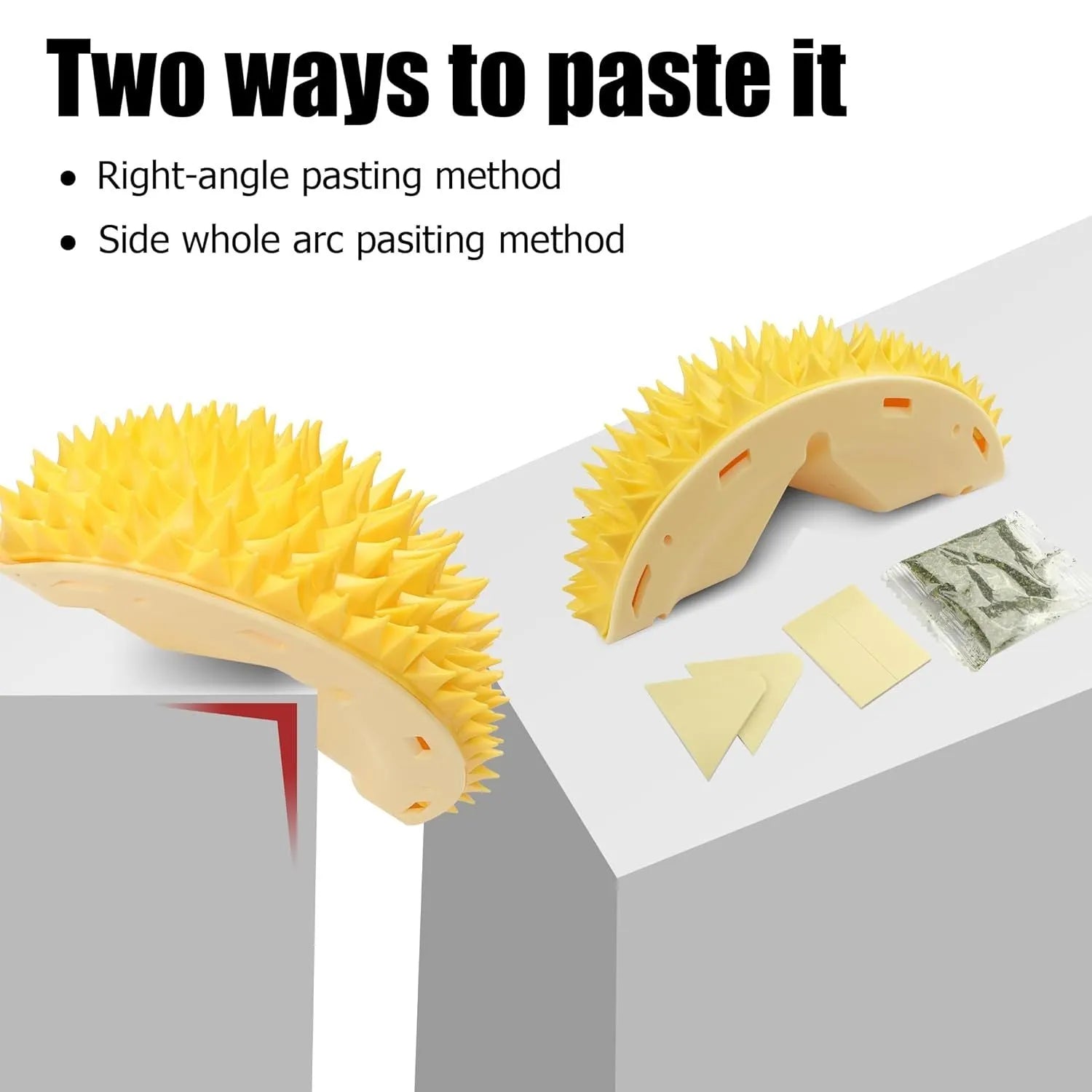 Yellow durian-shaped cat corner scratcher with massage comb texture mounted on a wall.