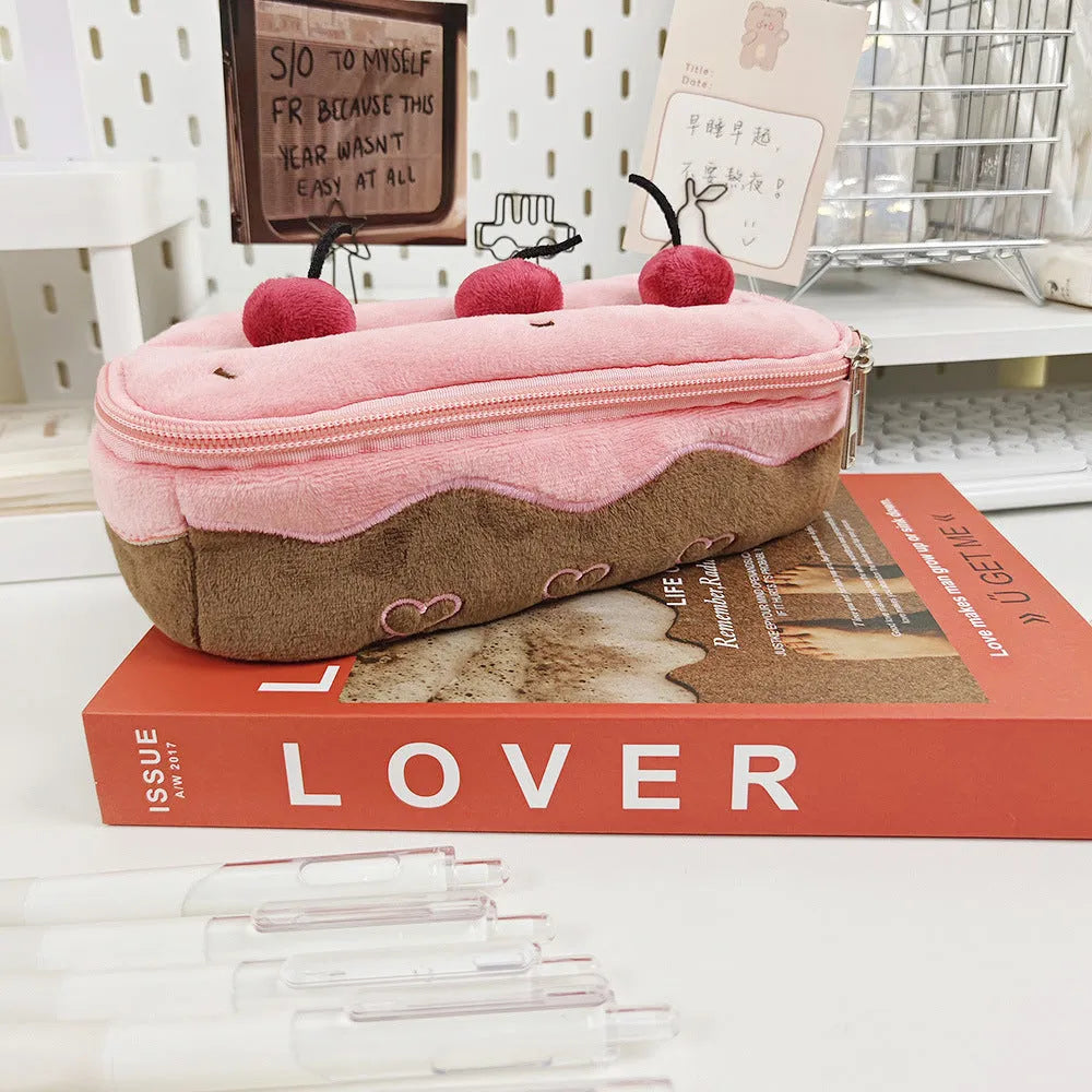 Korean style velvet pencil bag with cherry cake plush design