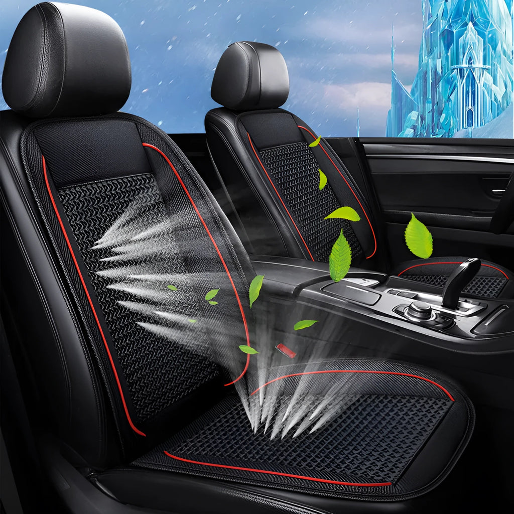 Square black car ventilation seat cushion with power cord on car seat