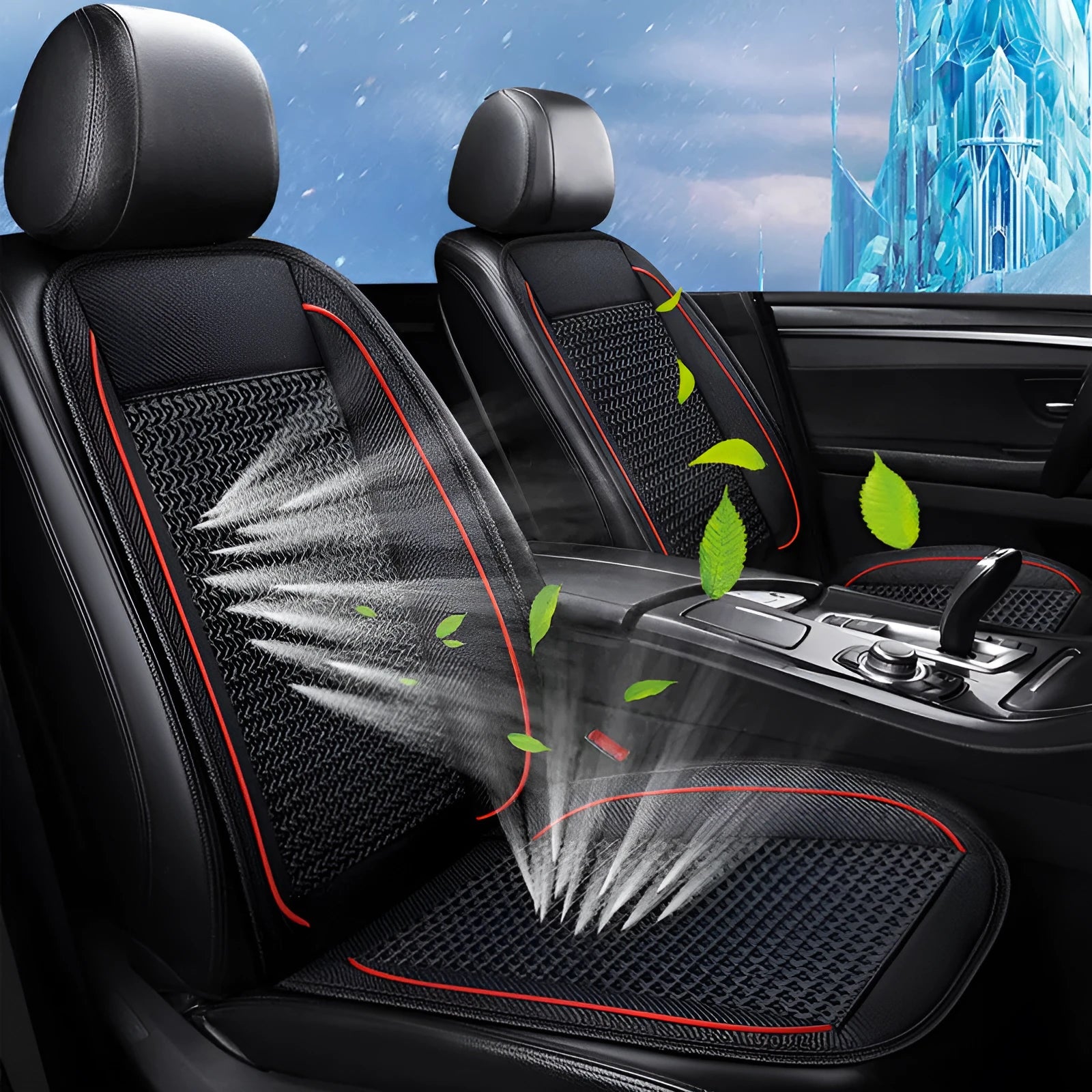 Square black car ventilation seat cushion with power cord on car seat