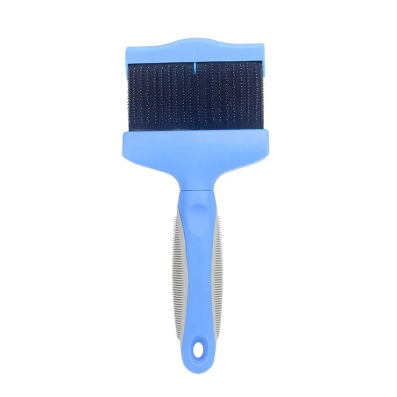 Blue double-sided pet brush with stainless steel pins next to a pink large version on a wooden surface.