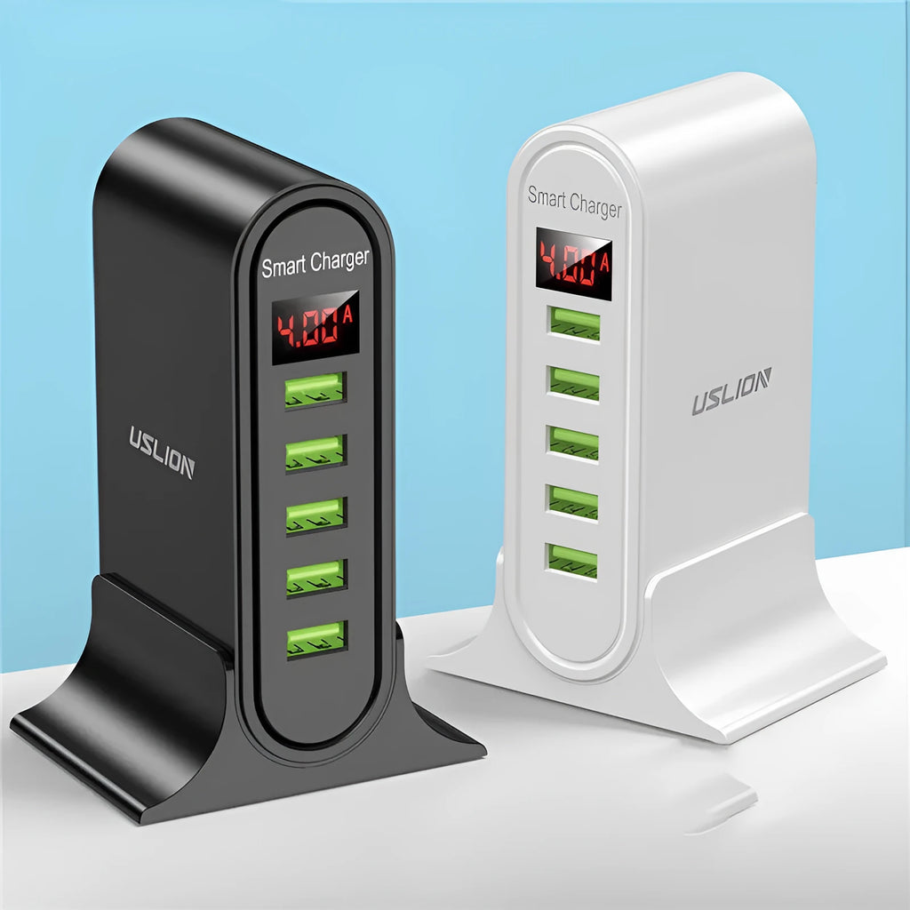 Smart LED digital display USB charger showing voltage parameters with multiple plug style options