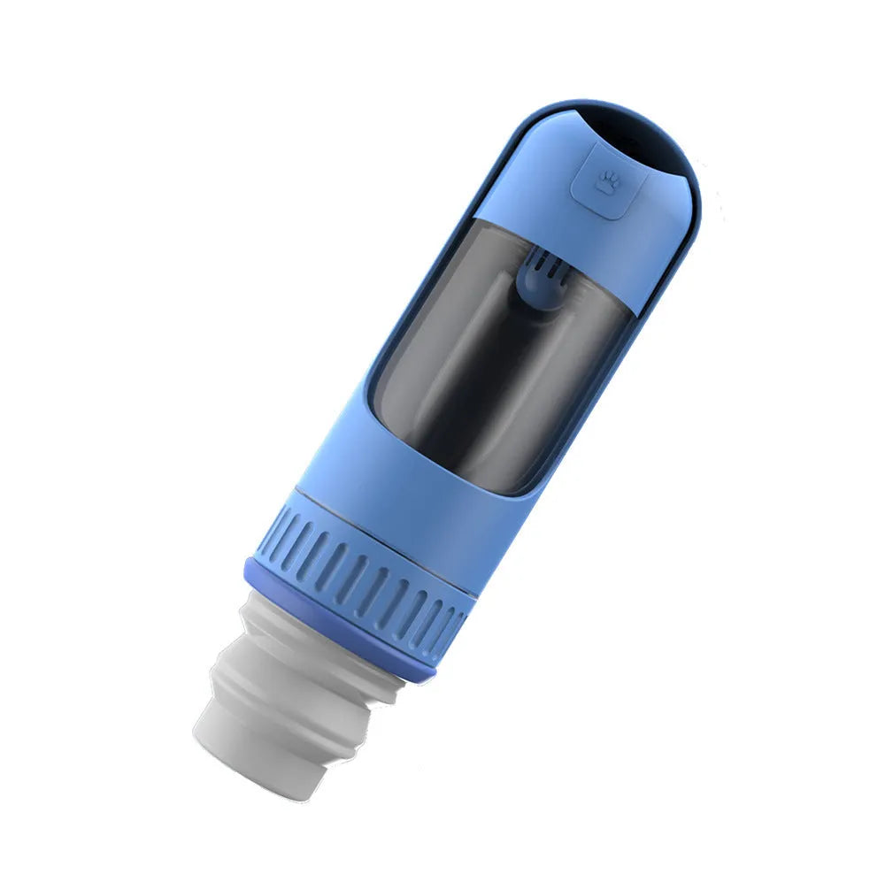 Dark blue portable dog water bottle with integrated drinking bowl, shown with leak-proof lock.