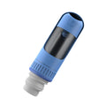 Dark blue portable dog water bottle with integrated drinking bowl, shown with leak-proof lock.