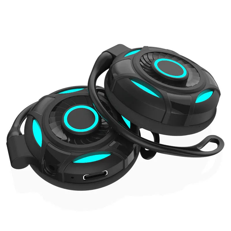 Black and white wireless hanging ear earphones with Bluetooth 5.0 and 10-metre range