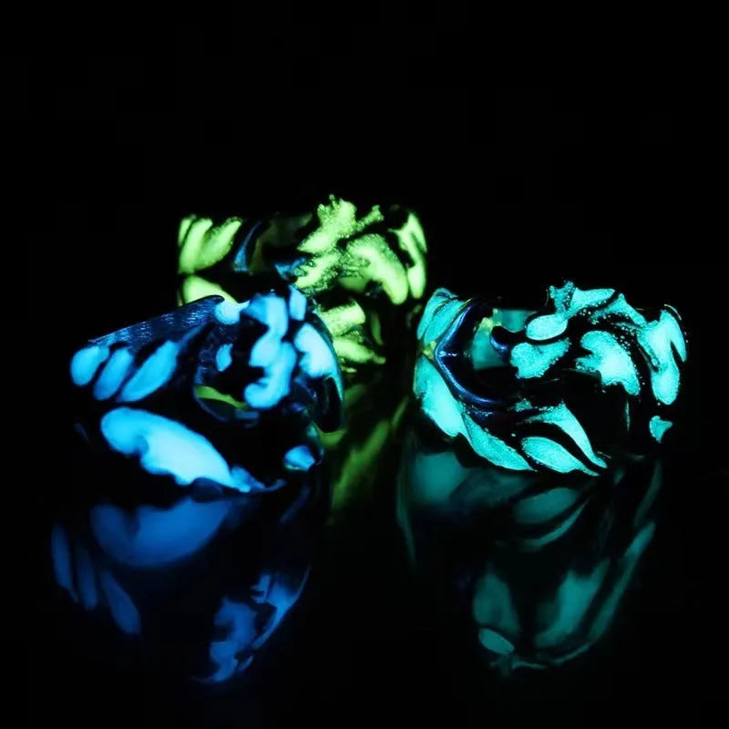 Chinese style luminous dragon pattern adjustable ring in antique silver blue and green metal.