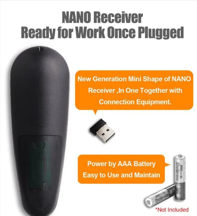 G30 wireless keyboard remote control with nano receiver on a table.