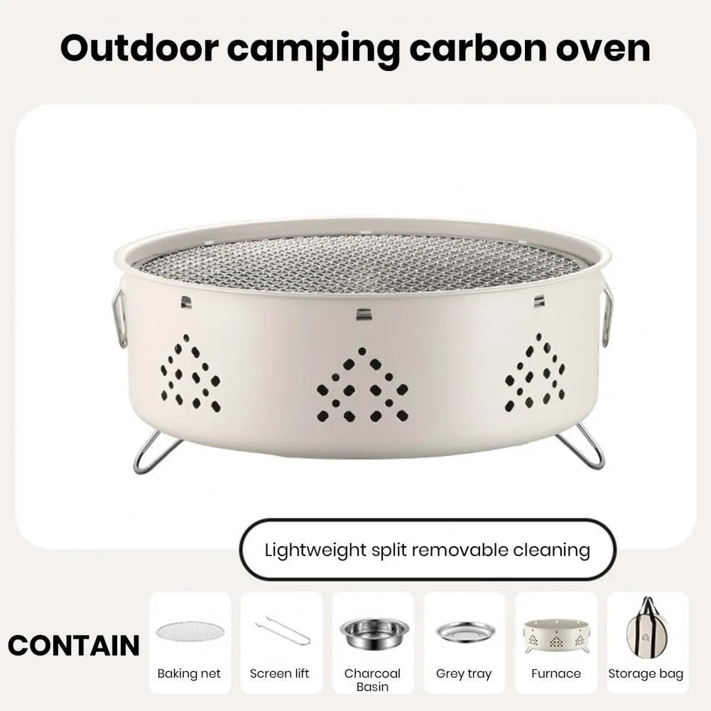 Portable stainless steel campfire grill with detachable parts, charcoal bowl, ash tray, and storage bag, white, 31cm