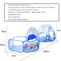 Colourful three-in-one children's play tent with cartoon design, featuring a fabric tent, ball pool, and plastic tunnel.