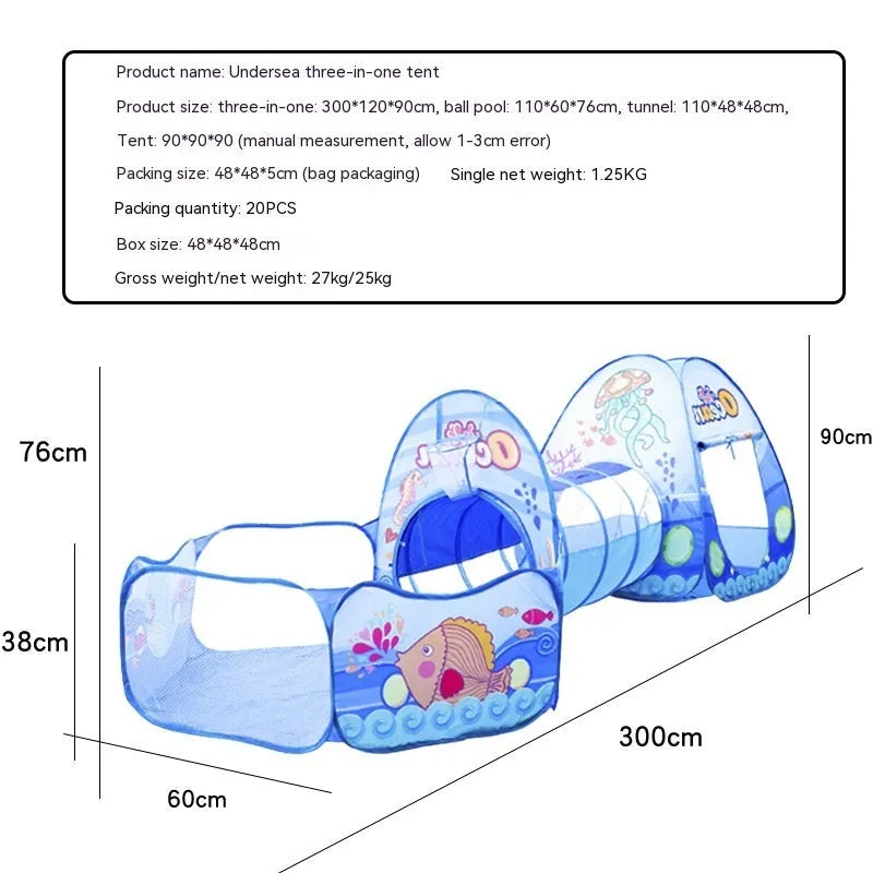 Colourful three-in-one children's play tent with cartoon design, featuring a fabric tent, ball pool, and plastic tunnel.