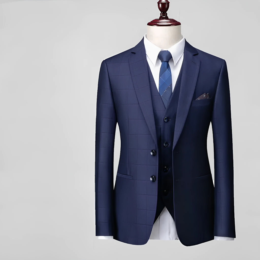 Men's three-piece plaid suit in navy blue or black featuring slim fit jacket vest and trousers for business casual wear