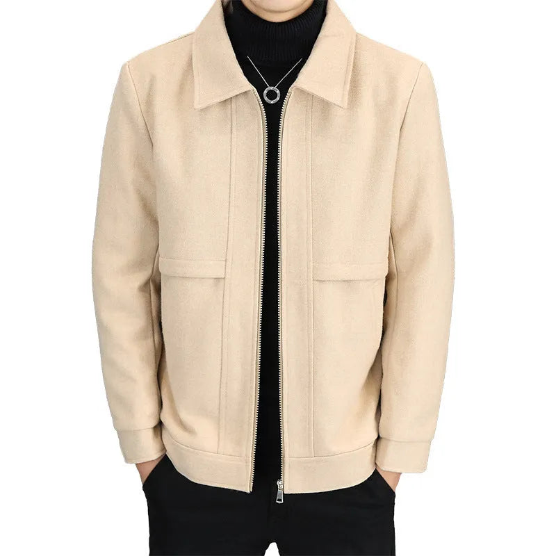 Casual polo collar jacket in cotton blend fabric showing side seam pockets and available in khaki or grey colours