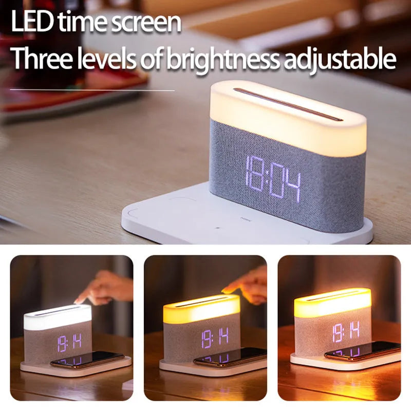 Black and white wireless charging desktop clock with night light function and modern design