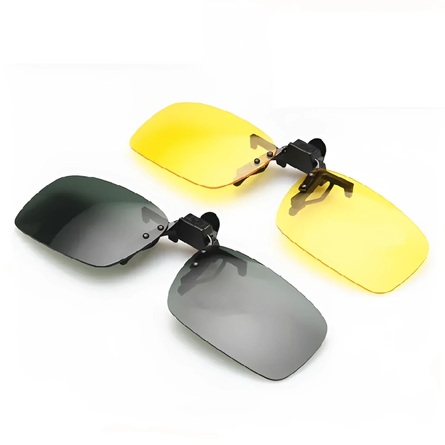 A polycarbonate sunglasses clip for prescription glasses, shown in large and small frame sizes with grey, dark green, and night vision lens options.