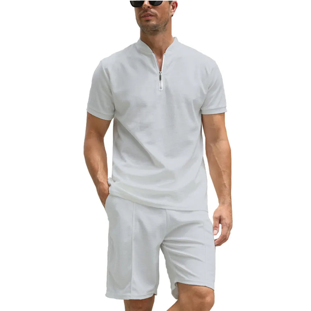 Men's solid colour polo shirt and trousers two-piece set in beaded bird's eye polyester fabric