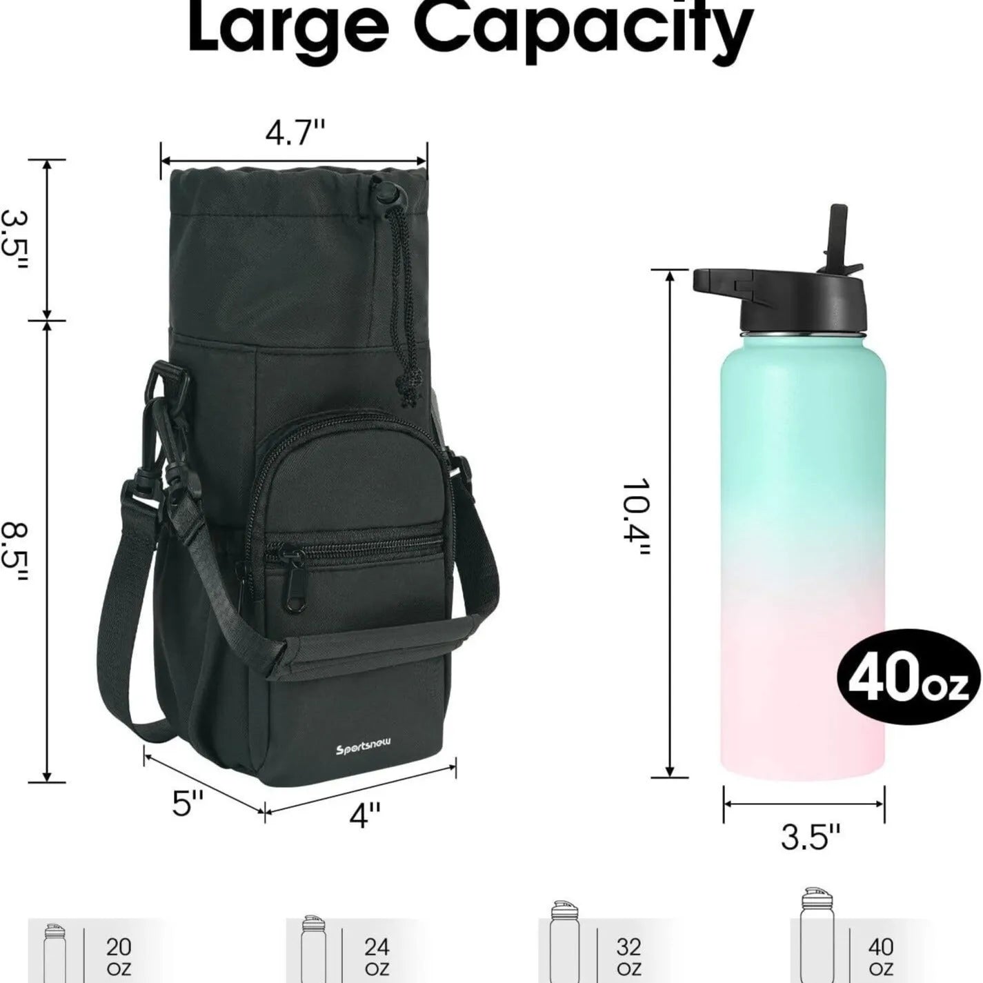 Cloth water bottle pouch with an adjustable crossbody strap in black, green, and pink colour options.