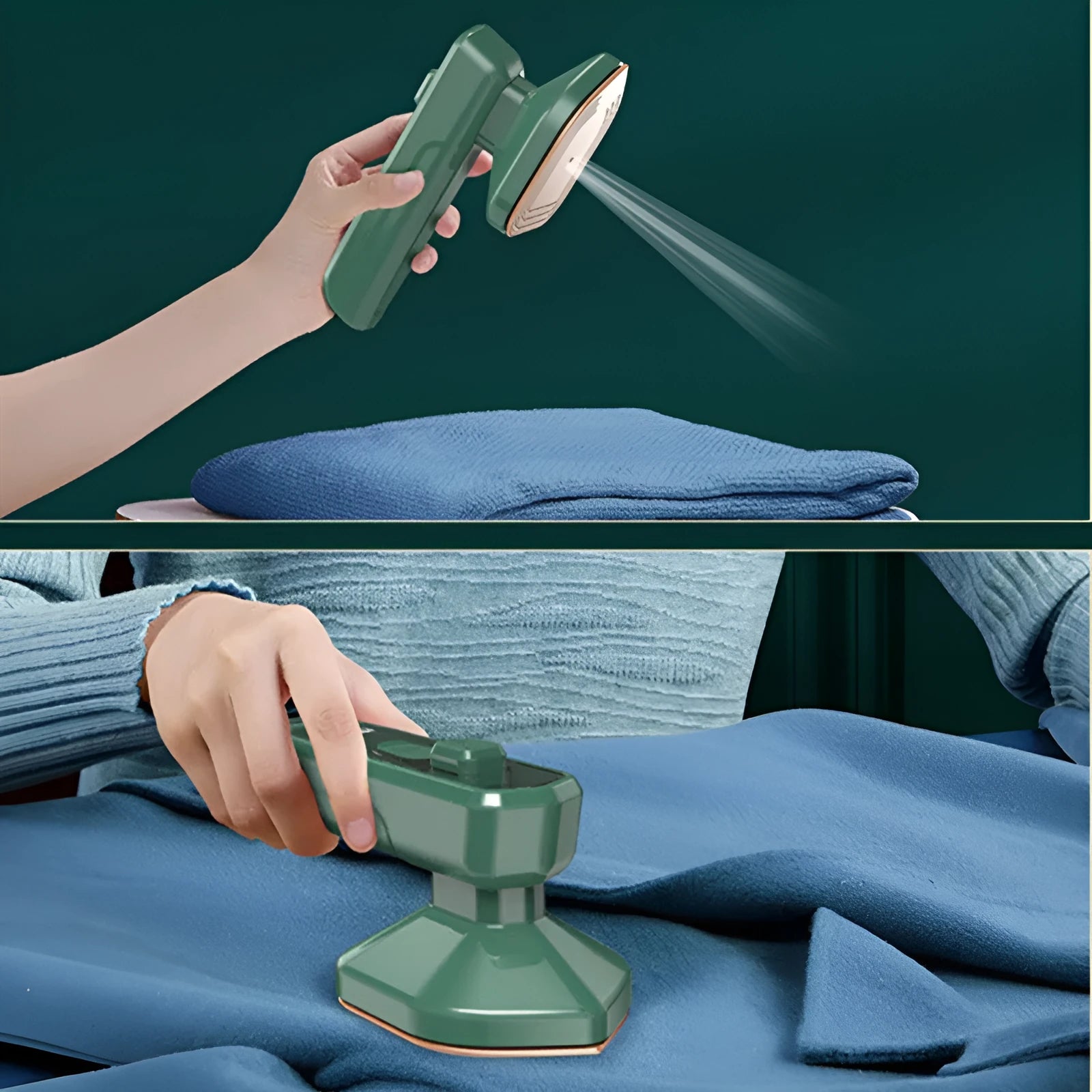 Dark green portable hanging ironing machine with ceramic panel and handheld design