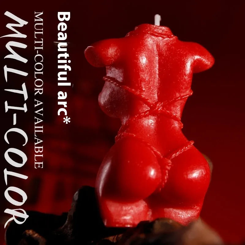 Low temperature soy wax candle shaped like a bikini, shown in rose red, pink, and purple colours.