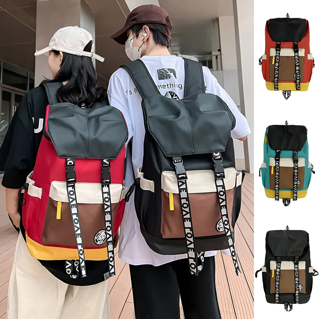 Oxford cloth backpack for junior high students in black, green or red with three carrying options.