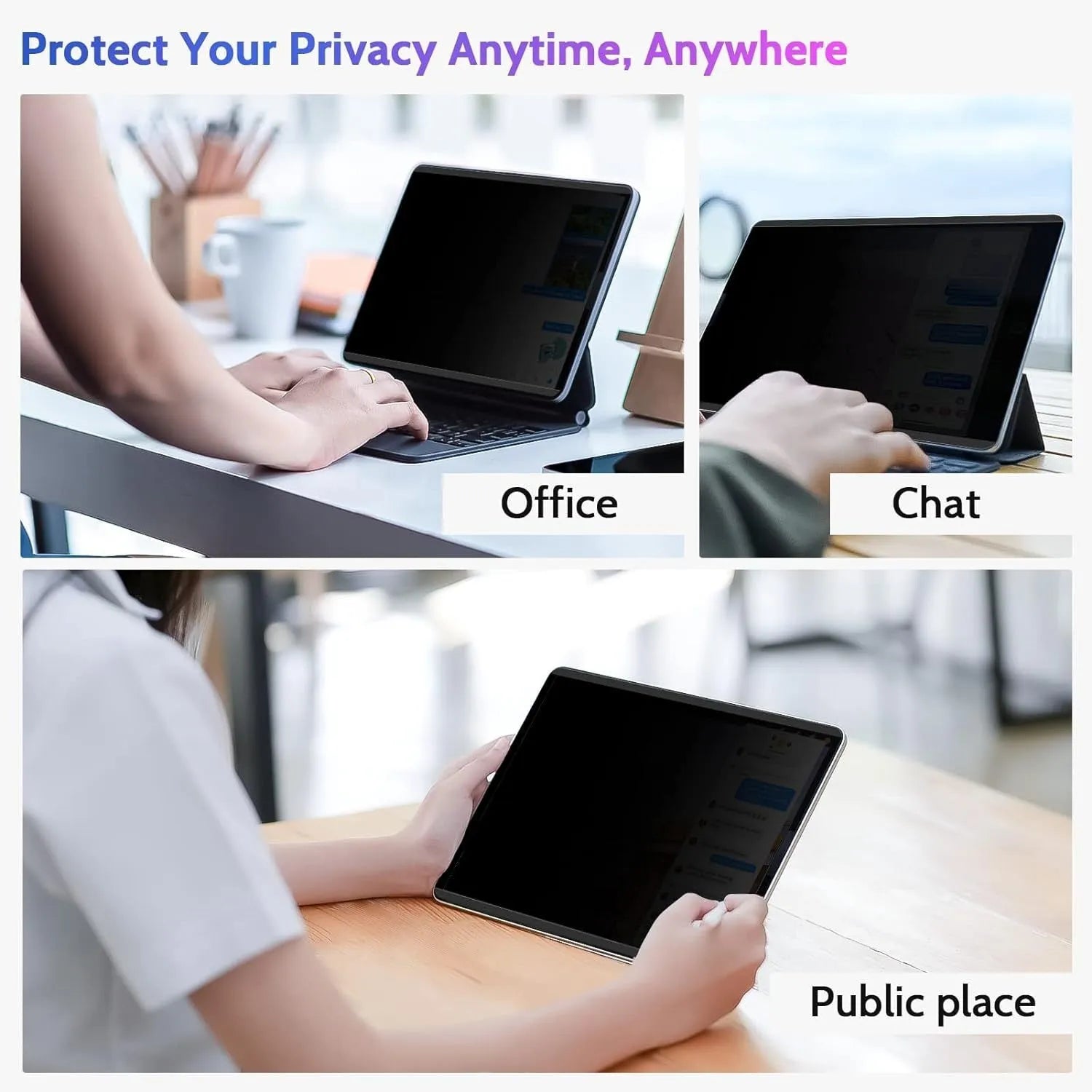 Magnetic iPad privacy screen protector with PET film and storage clip for multiple iPad models