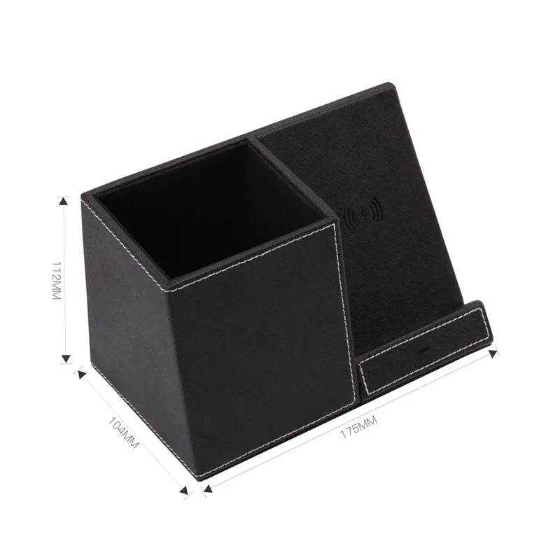 Leather wireless charging station with integrated pen holder compartment for desk organisation