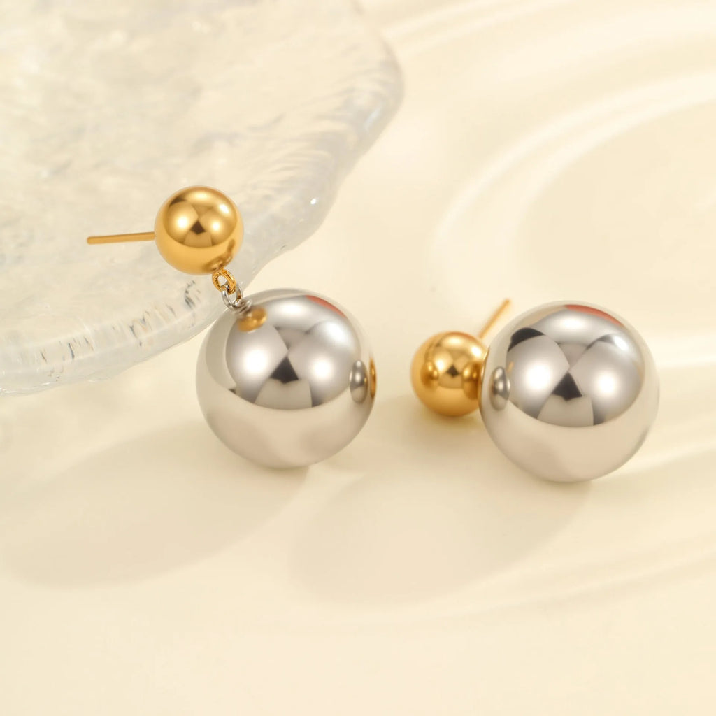 Women's stainless steel 18K gold electroplated round bead geometry ear studs